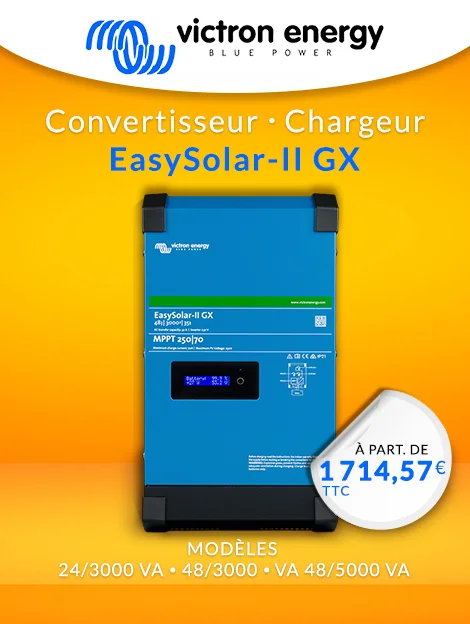 Convertisseur/Chargeur EasySolar II GX à partir de 1714.57€ TTC sur un fond orange. Modèles: 24/3000 VA - 48/3000 VA - 48/5000 VA